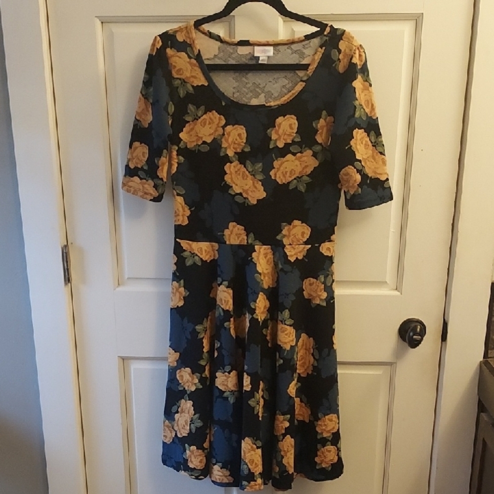 LuLaRoe Floral Midi Dress - Black and Yellow
